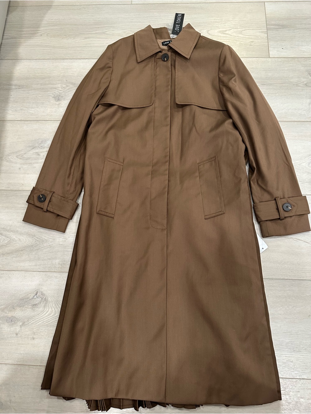 Love Token Brown Pleated Back Trench Coat Belted NWT S
